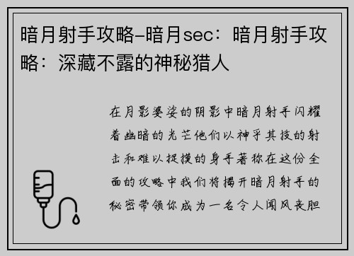 暗月射手攻略-暗月sec：暗月射手攻略：深藏不露的神秘猎人